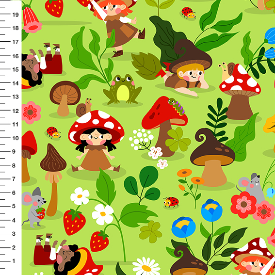 Sintético Doll Duendes dos Cogumelos Fundo Verde Limão - Meia Tigela 50cm x 1,36mt