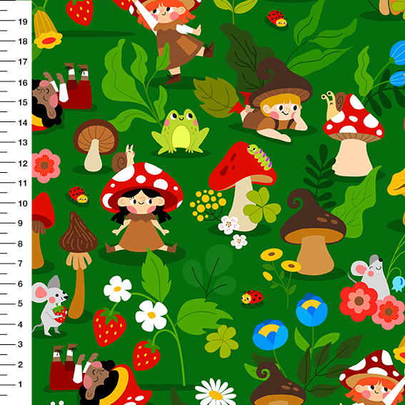 Sintético Doll Duendes dos Cogumelos Fundo Verde - Meia Tigela 50cm x 1,36mt