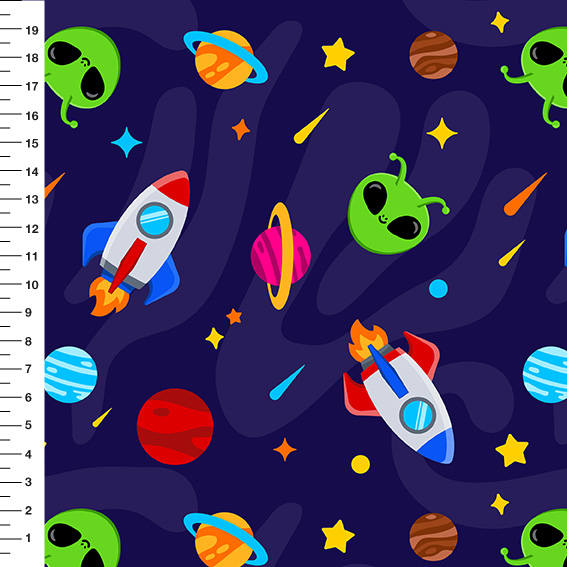 Sintético Doll Espaço Alienígenas Fundo Azul Marinho - Meia Tigela 50cm x 1,36mt