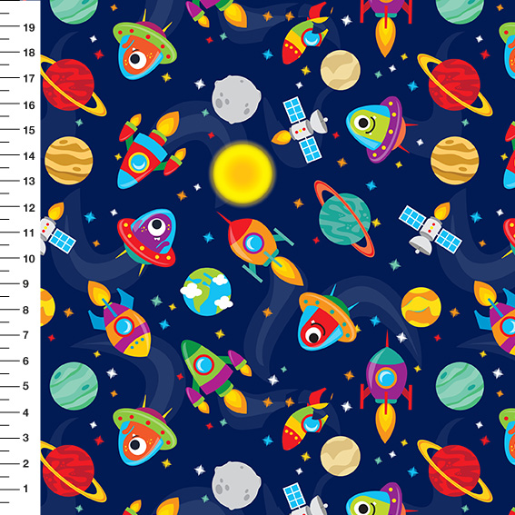 Sintético Doll Espaço Foguetes Fundo Azul Marinho - Meia Tigela 50cm x 1,36mt