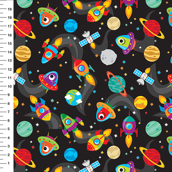 Sintético Doll Espaço Foguetes Fundo Preto - Meia Tigela 50cm x 1,36mt