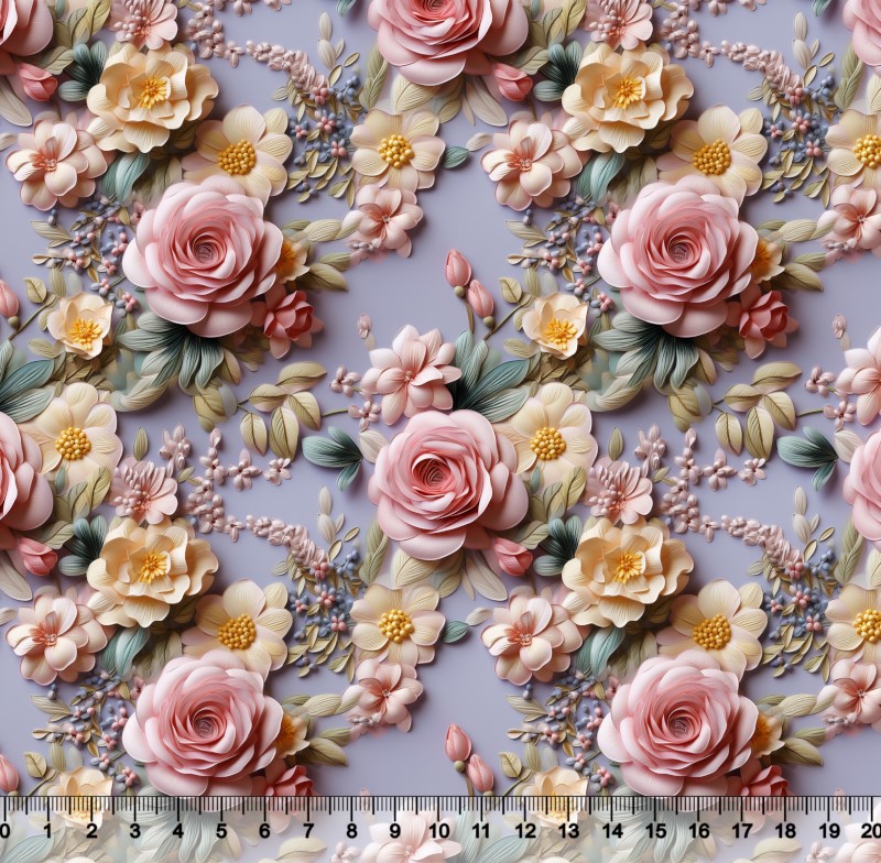 Sintético Doll Floral 3D Rosa e Amarelo fundo Lilás 50cm x 1,36mt