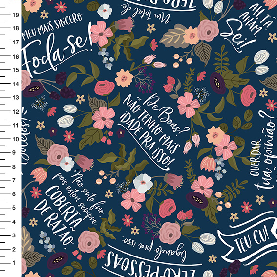 Sintético Doll Floral Frases Adultas Fundo Azul Marinho - Meia Tigela 50cm x 1,36mt