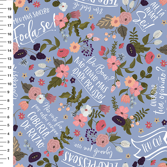 Sintético Doll Floral Frases Adultas Fundo Azul Serenity - Meia Tigela 50cm x 1,36mt