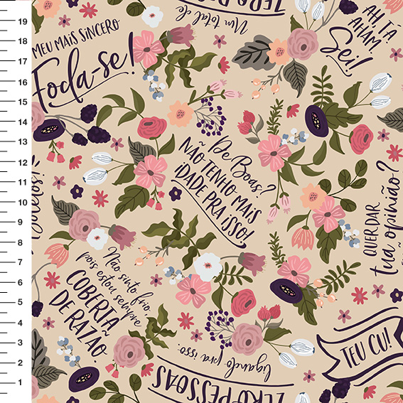 Sintético Doll Floral Frases Adultas Fundo Nude - Meia Tigela 50cm x 1,36mt