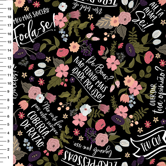 Sintético Doll Floral Frases Adultas Fundo Preto - Meia Tigela 50cm x 1,36mt
