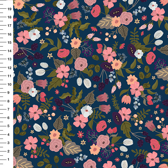Sintético Doll Floral Vintage Fundo Azul Marinho - Meia Tigela 50cm x 1,36mt