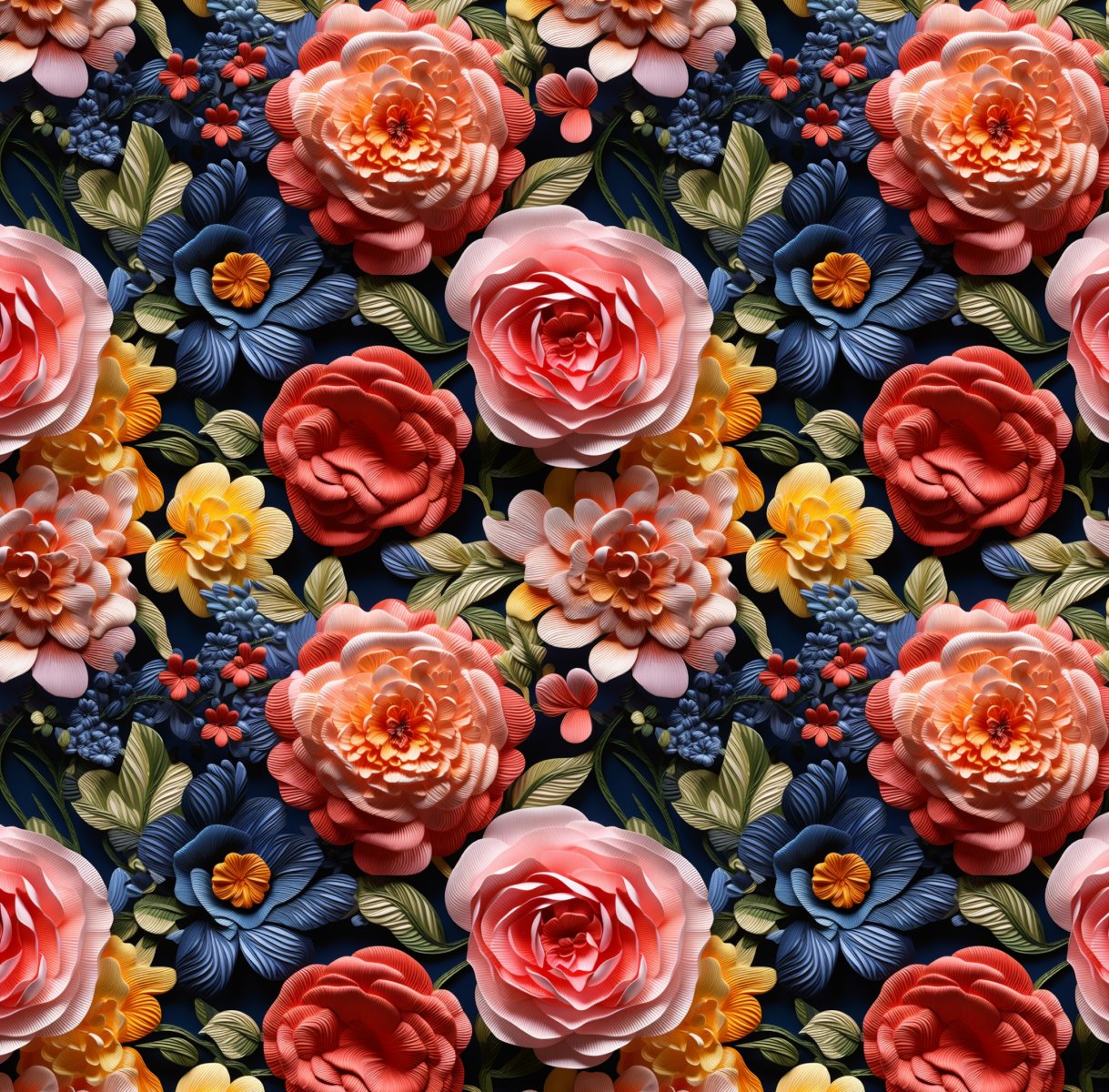 SIntético Doll Flores 3D Fundo Preto 50cm x 1,36mt