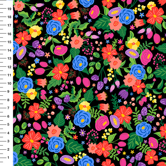 Sintético Doll Flores Coloridas Fundo Preto - Meia Tigela 50cm x 1,36mt