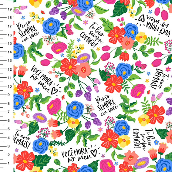 Sintético Doll Flores com Frases Fundo Branco - Meia Tigela 50cm x 1,36mt