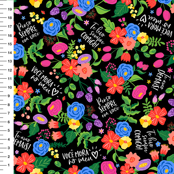Sintético Doll Flores com Frases Fundo Preto - Meia Tigela 50cm x 1,36mt
