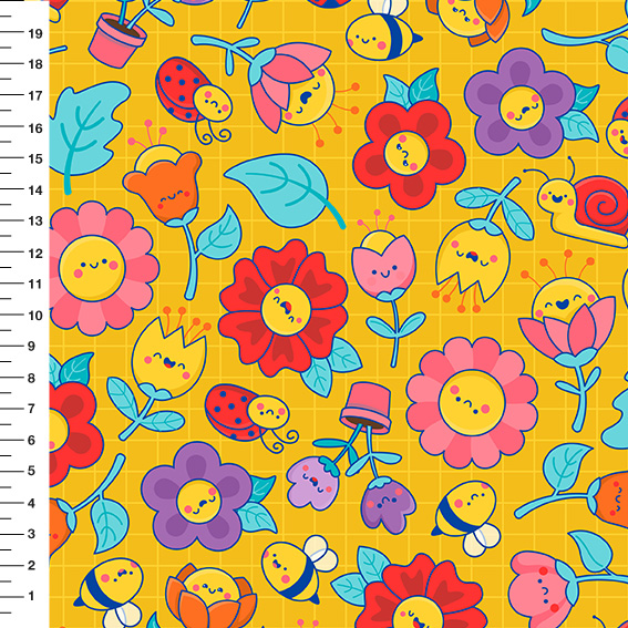 Sintético Doll Flores Kawaii Fundo Amarelo - Meia Tigela 50cm x 1,36mt