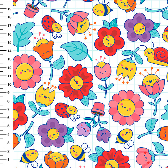 Sintético Doll Flores Kawaii Fundo Branco - Meia Tigela 50cm x 1,36mt