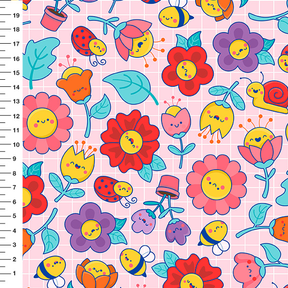 Sintético Doll Flores Kawaii Fundo Rosa Claro - Meia Tigela 50cm x 1,36mt
