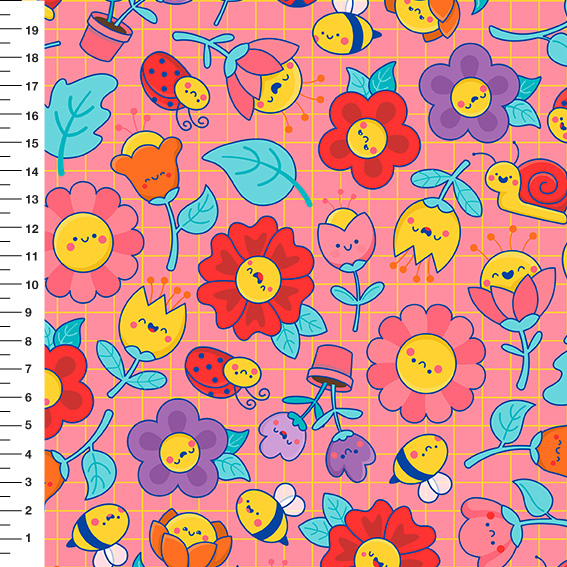 Sintético Doll Flores Kawaii Fundo Rosa - Meia Tigela 50cm x 1,36mt