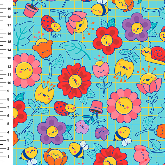 Sintético Doll Flores Kawaii Fundo Verde Água - Meia Tigela 50cm x 1,36mt
