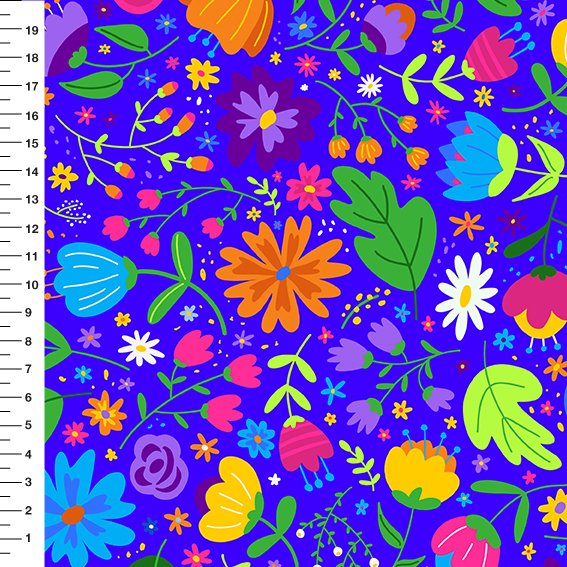 Sintético Doll Flores Naif Fundo Azul - Meia Tigela 50cm x 1,36mt