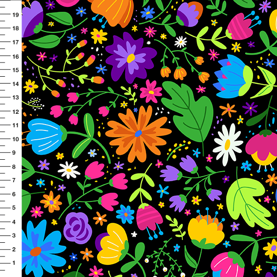 Sintético Doll Flores Naif Fundo Preto - Meia Tigela 50cm x 1,36mt