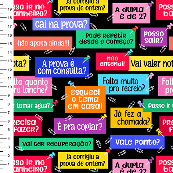 Sintético Doll Frases de Escola Fundo Preto - Meia Tigela 50cm x 1,36mt