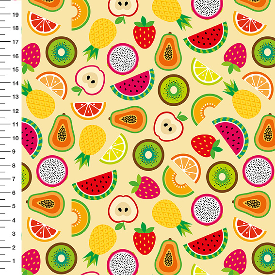 Sintético Doll Frutas Tropicais Fundo Amarelo - Meia Tigela 50cm x 1,36mt