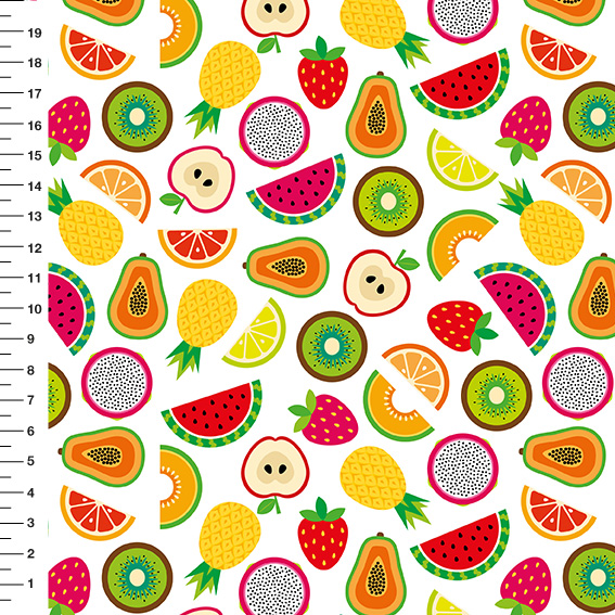 Sintético Doll Frutas Tropicais Fundo Branco - Meia Tigela 50cm x 1,36mt