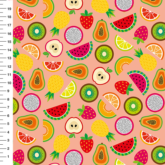 Sintético Doll Frutas Tropicais Fundo Salmão - Meia Tigela 50cm x 1,36mt