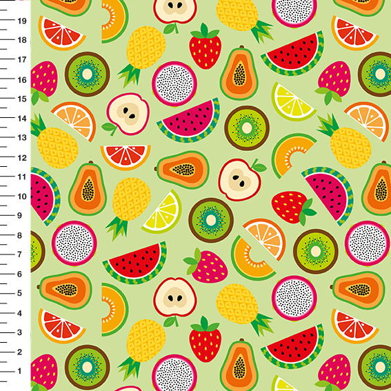 Sintético Doll Frutas Tropicais Fundo Verde - Meia Tigela 50cm x 1,36mt