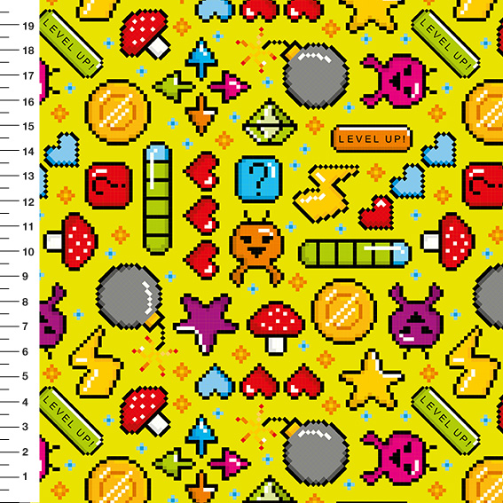Sintético Doll Games Pixel Level Up Fundo Amarelo - Meia Tigela 50cm x 1,36mt