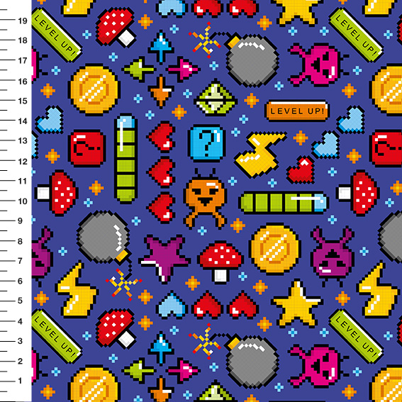 Sintético Doll Games Pixel Level Up Fundo Azul Royal - Meia Tigela 50cm x 1,36mt