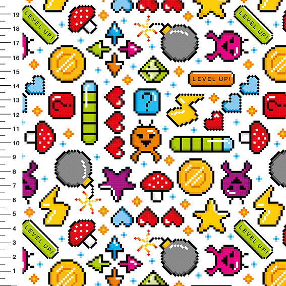 Sintético Doll Games Pixel Level Up Fundo Branco - Meia Tigela 50cm x 1,36mt