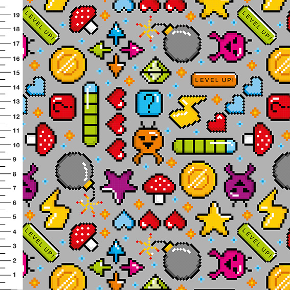 Sintético Doll Games Pixel Level Up Fundo Cinza - Meia Tigela 50cm x 1,36mt