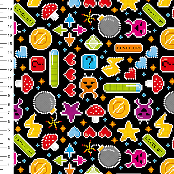 Sintético Doll Games Pixel Level Up Fundo Preto - Meia Tigela 50cm x 1,36mt