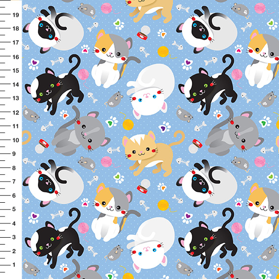 Sintético Doll Gatinhos Brincalhões Fundo Azul - Meia Tigela 50cm x 1,36mt