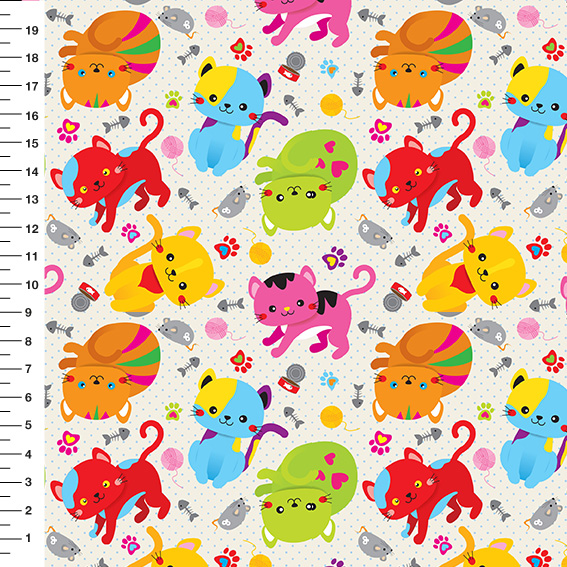 Sintético Doll Gatinhos Brincalhões Fundo Creme - Meia Tigela 50cm x 1,36mt