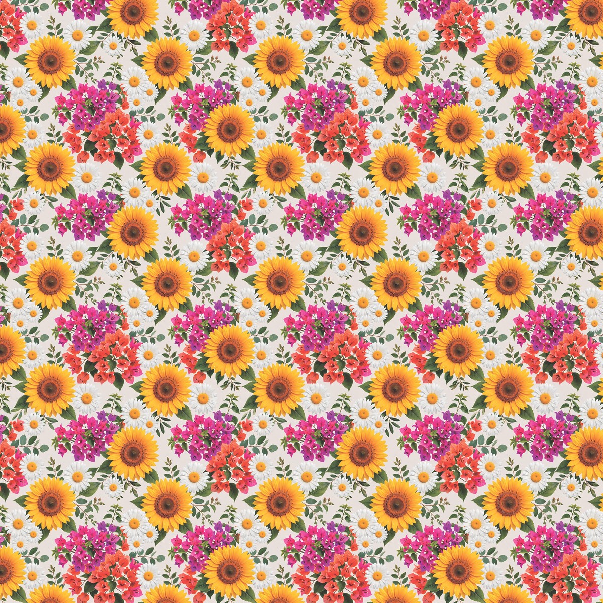 Sintético Doll Girassóis e Flores Coloridas 50cm x 1,36mt