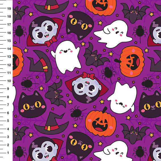 Sintético Doll Halloween Kawaii Fundo Roxo - Meia Tigela 50cm x 1,36mt
