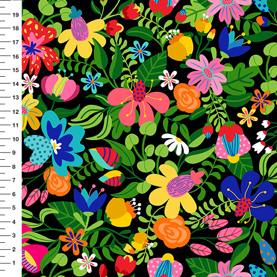 Sintético Doll Jardim Tropical Fundo Preto - Meia Tigela 50cm x 1,36mt