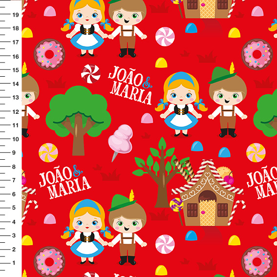 Sintético Doll João e Maria Fundo Vermelho - Meia Tigela 50cm x 1,36mt
