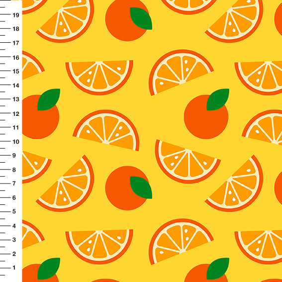 Sintético Doll Laranjas Fundo Amarelo - Meia Tigela 50cm x 1,36mt