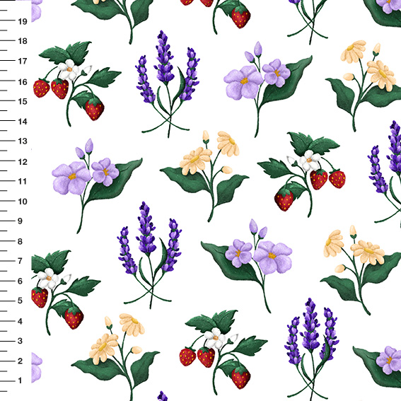 Sintético Doll Lavanda e Morangos Fundo Branco - Meia Tigela 50cm x 1,36mt
