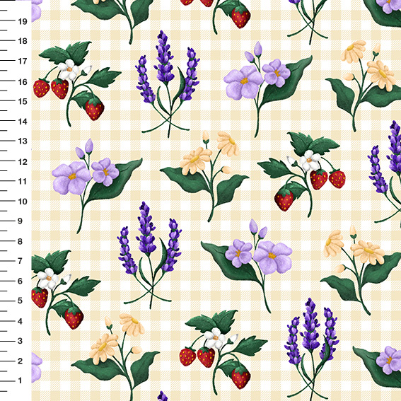 Sintético Doll Lavanda e Morangos Xadrez Amarelo - Meia Tigela 50cm x 1,36mt