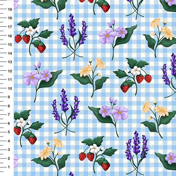 Sintético Doll Lavanda e Morangos Xadrez Azul - Meia Tigela 50cm x 1,36mt