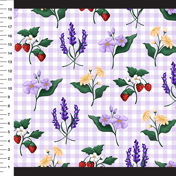 Sintético Doll Lavanda e Morangos Xadrez Lilás - Meia Tigela 50cm x 1,36mt