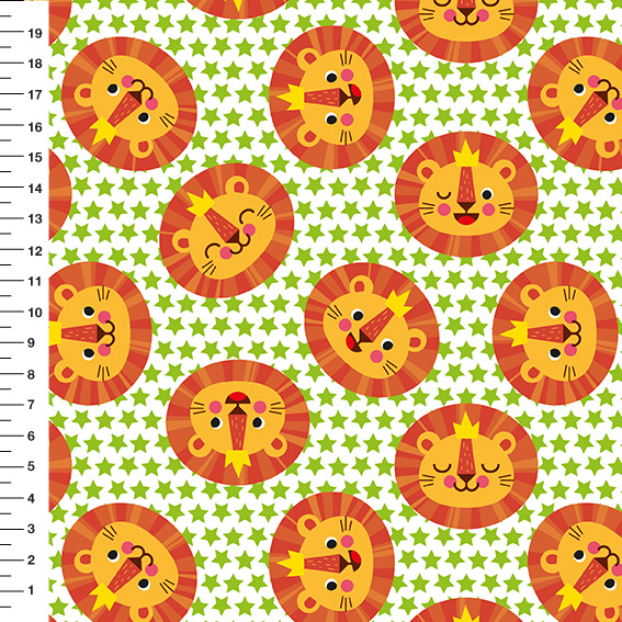 Sintético Doll Leõezinhos Estrelas Verdes Fundo Branco - Meia Tigela 50cm x 1,36mt