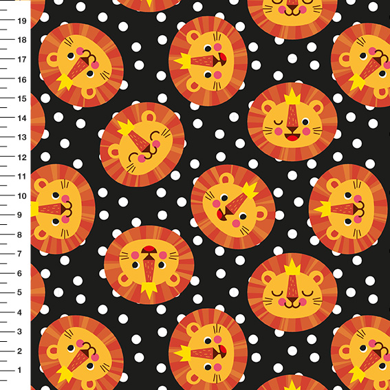 Sintético Doll Leõezinhos Poá Fundo Preto - Meia Tigela 50cm x 1,36mt