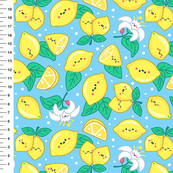 Sintético Doll Limões Kawaii Fundo Azul Claro - Meia Tigela 50cm x 1,36mt