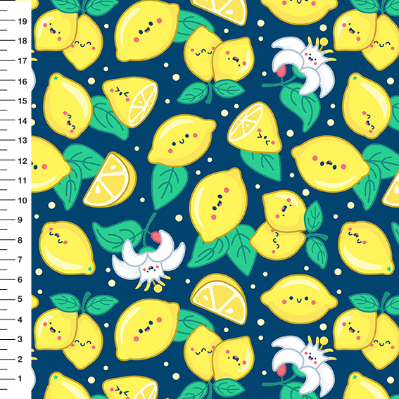 Sintético Doll Limões Kawaii Fundo Azul Marinho - Meia Tigela 50cm x 1,36mt