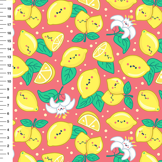 Sintético Doll Limões Kawaii Fundo Coral - Meia Tigela 50cm x 1,36mt