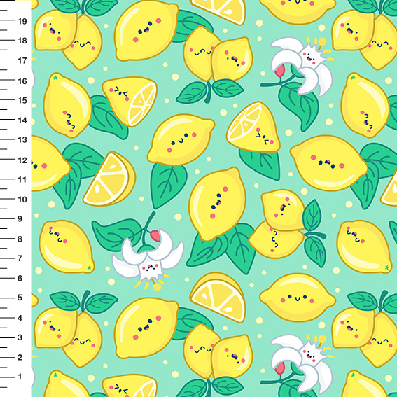 Sintético Doll Limões Kawaii Fundo Verde Menta - Meia Tigela 50cm x 1,36mt