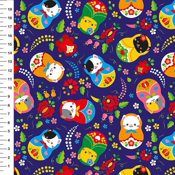 Sintético Doll Matrioska Gatinhos Fundo Azul Marinho - Meia Tigela 50cm x 1,36mt